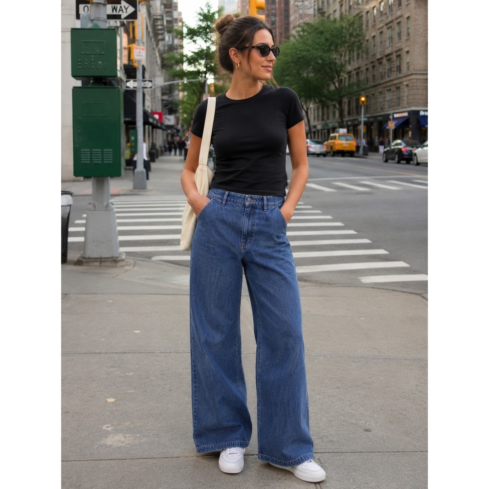 Gap 365 Trouser Jeans Medium Indigo Wide Leg Pleated Womens 6 Tall